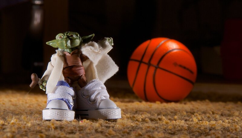 Yoda with sneakers and basketball