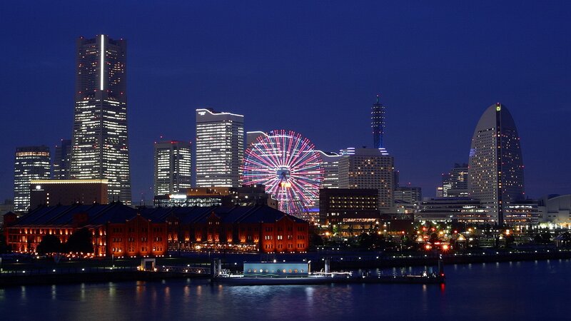 Yokohama Skyline at Night — Blue, Calm, Photograph, Ferris Wheel