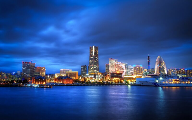 Yokohama Skyline at Night — Blue, Dramatic, Photograph