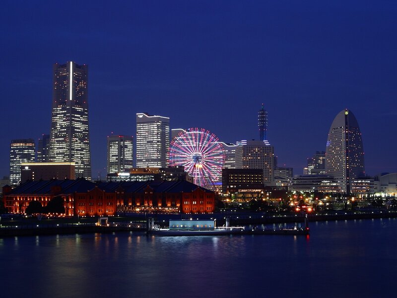 Yokohama Skyline at Night — Blue, Serene, Photograph, Skyscrapers