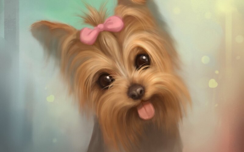 Yorkie Puppy with Bow — Brown, Playful, Digital Art, Pink Bow