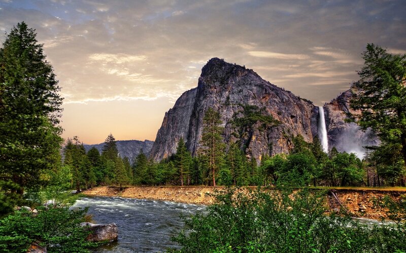 Yosemite Falls and River — Green, Dramatic