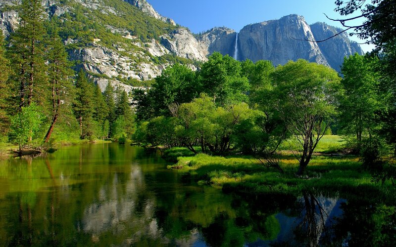 Yosemite Falls and River — Green, Serene, Afternoon, Photograph