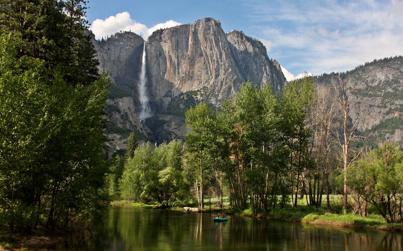 Yosemite Falls and River — Green, Serene, Afternoon