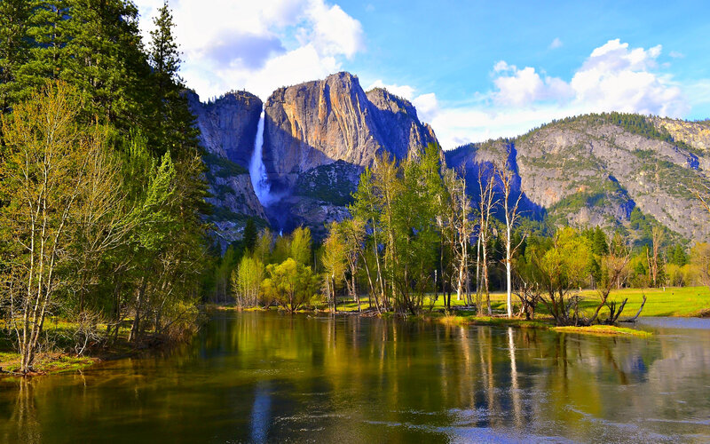Yosemite Falls and River — Green, Serene