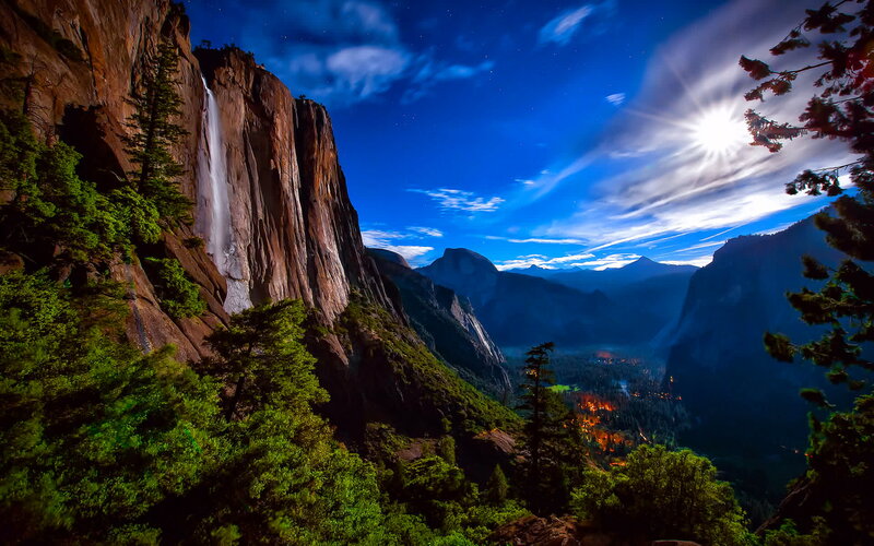 Yosemite Falls at Night — Blue, Dramatic, Photograph, Moon