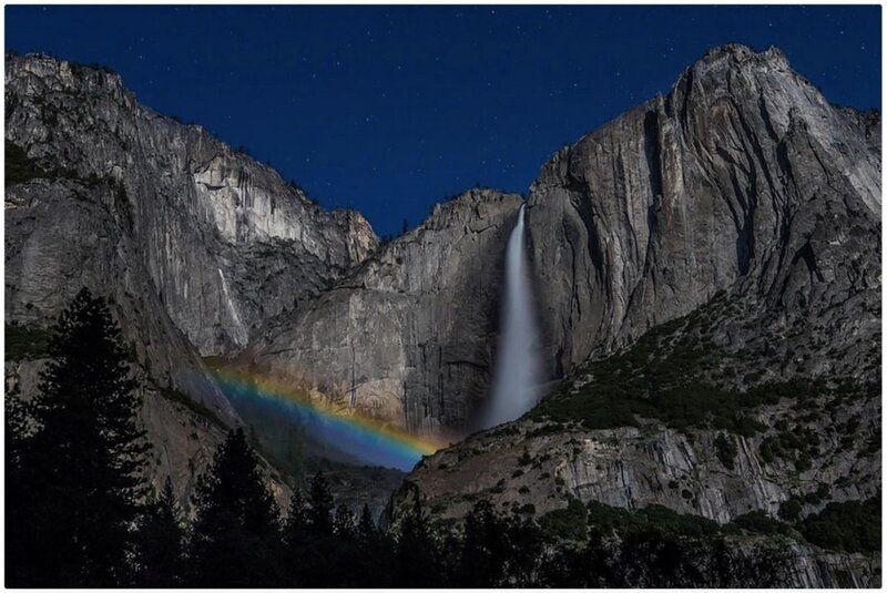 Yosemite Falls at Night — Blue, Dramatic, Photograph, Rainbow