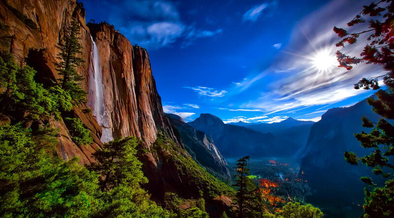Yosemite Falls at Night — Blue, Dramatic, Photograph