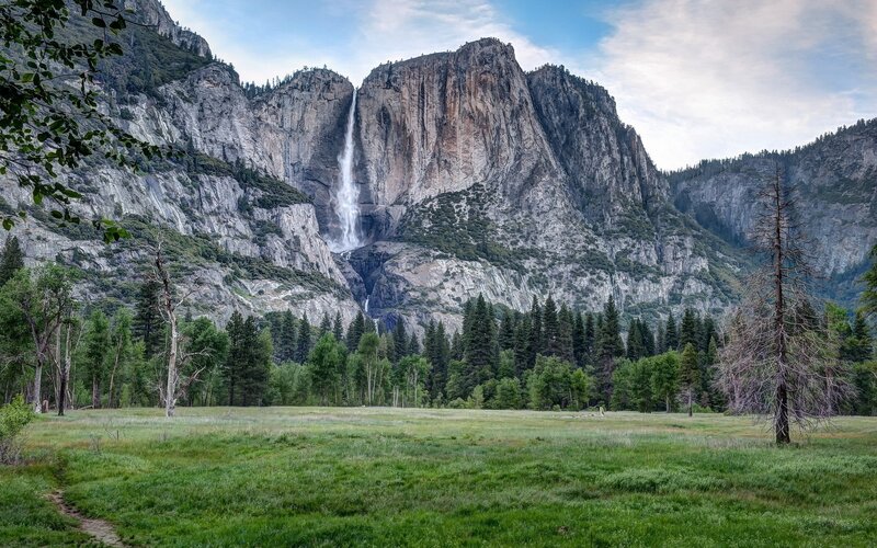 Yosemite Falls — Green, Serene, Afternoon, Photograph, Mountain, Forest, Meadow, Gray