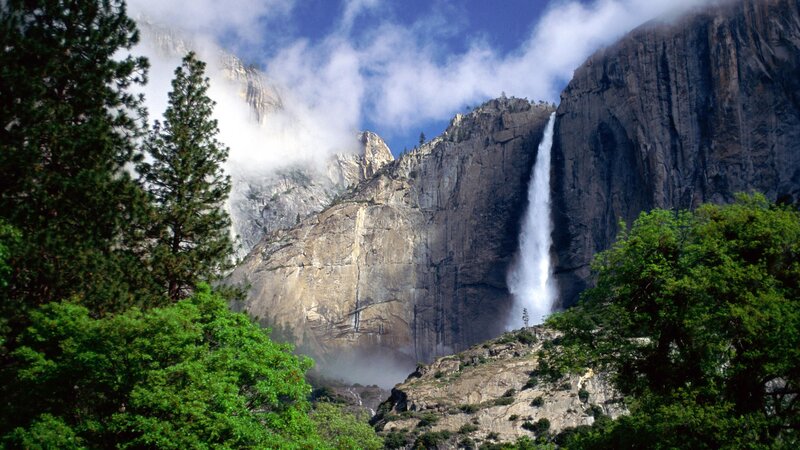 Yosemite Falls in misty morning