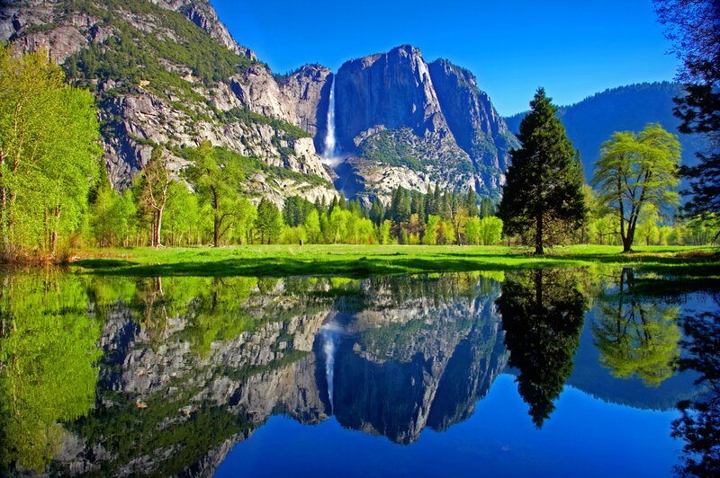 Yosemite Falls Reflection — Blue, Serene, Spring