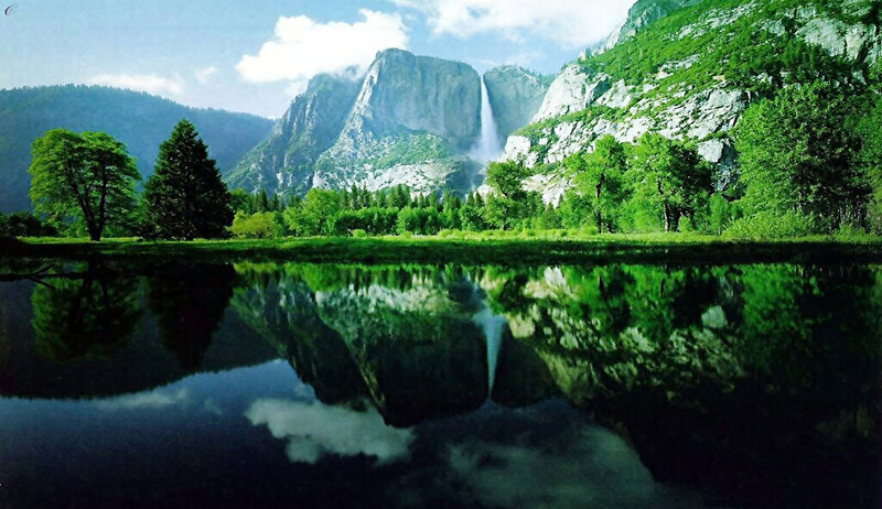 Yosemite Falls Reflection — Green, Serene, Afternoon, Photograph, Mountain, Forest, Lake