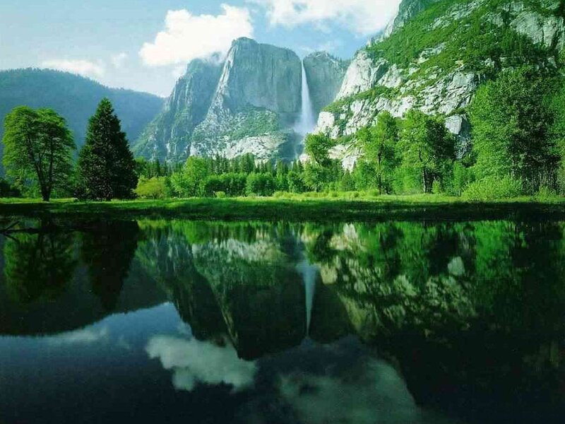 Yosemite Falls Reflection — Green, Serene, Afternoon, Photograph, Mountain, Forest, River, Blue