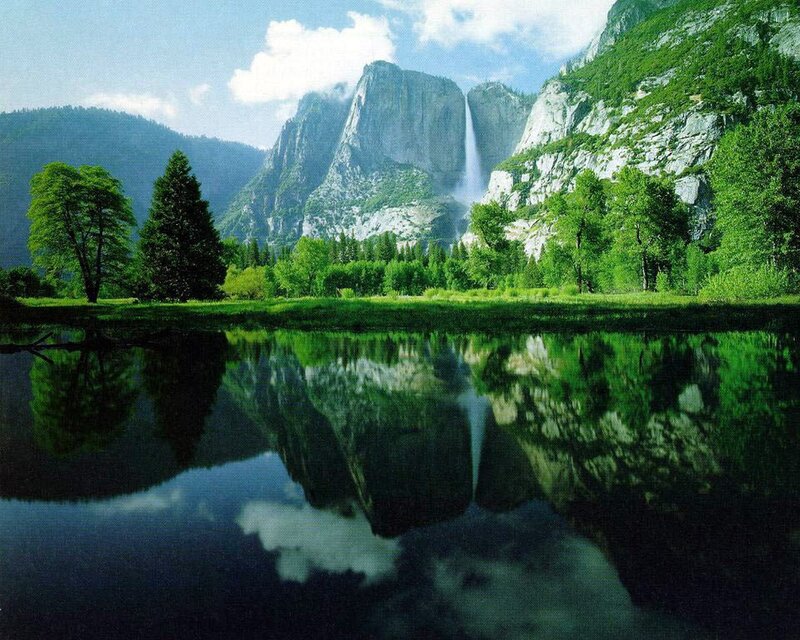 Yosemite Falls Reflection — Green, Serene, Afternoon, Photograph, Mountain, Forest, River