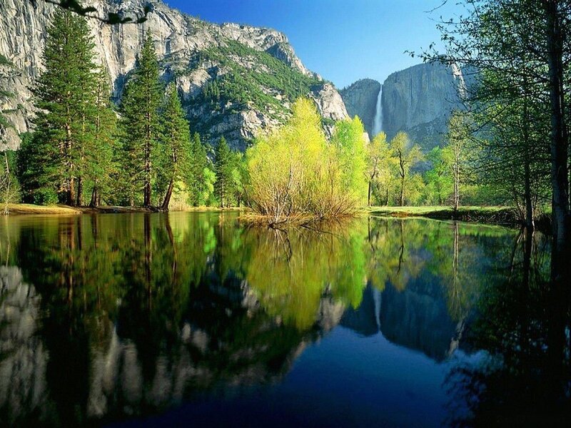 Yosemite Falls Reflection — Green, Serene, Afternoon, Photograph, Mountain, River, Trees, Blue