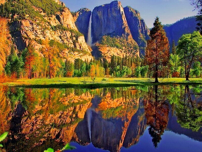 Yosemite Falls Reflection — Green, Serene, Afternoon
