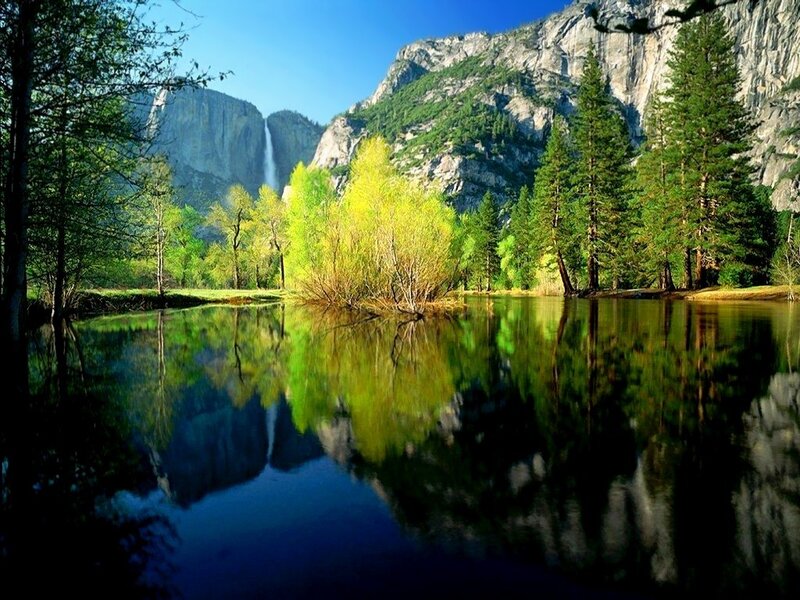 Yosemite Falls Reflection — Green, Serene, Spring, Photograph, Mountain
