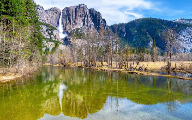 Yosemite Falls Reflection — Green, Serene, Spring, Photograph