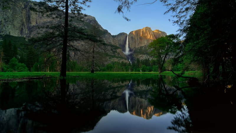 Yosemite Falls Reflection — Green, Serene, Sunset