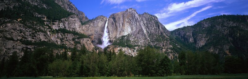 Yosemite Falls Waterfall — Blue, Serene, Afternoon, Photograph, Mountain, Forest, Sky