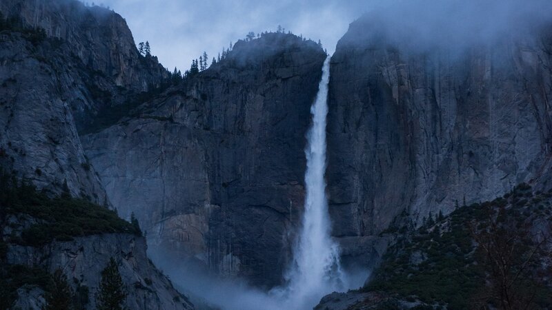 Yosemite Falls Waterfall — Gray, Dramatic, Night