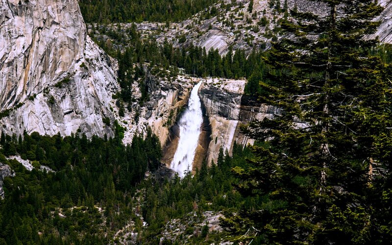 Yosemite Falls Waterfall — Green, Dramatic, Afternoon, Photograph, Forest