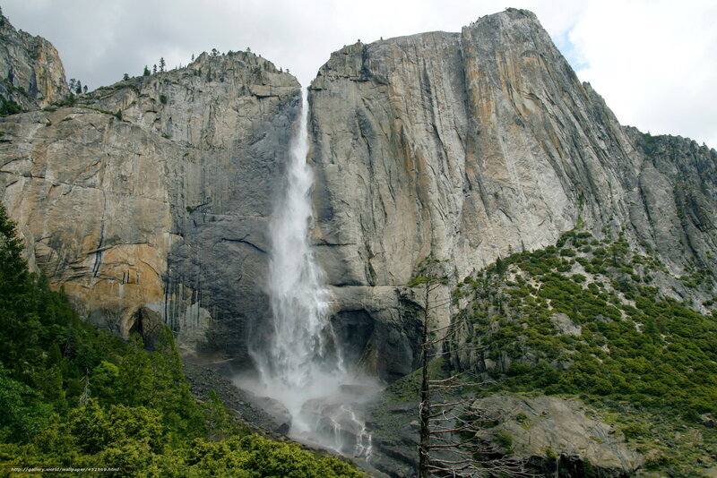 Yosemite Falls Waterfall — Green, Dramatic, Afternoon, Photograph, Mountain, Forest, Clouds