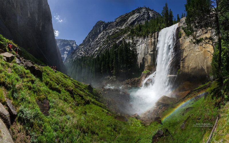 Yosemite Falls Waterfall — Green, Dramatic, Afternoon, Photograph, Mountain, Rainbow