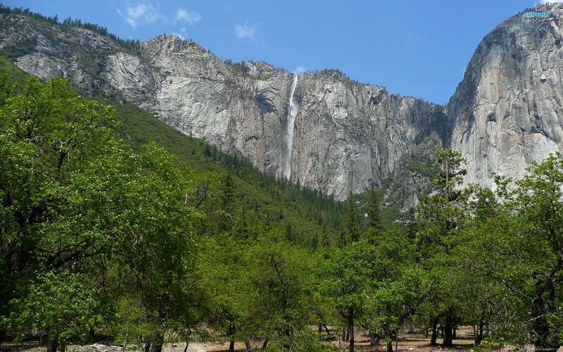 Yosemite Falls Waterfall — Green, Serene, Afternoon, Photograph, Mountain, Forest