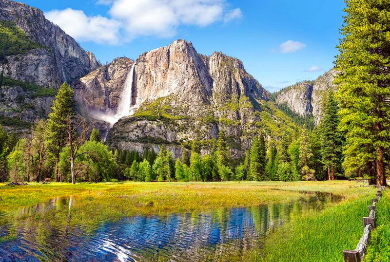 Yosemite Falls Waterfall — Green, Serene, Afternoon, Photograph, Mountain, Meadow, Trees