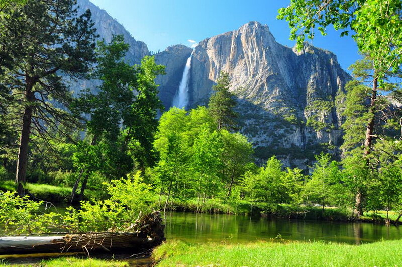 Yosemite Falls Waterfall — Green, Serene, Afternoon, Photograph, Mountain, River