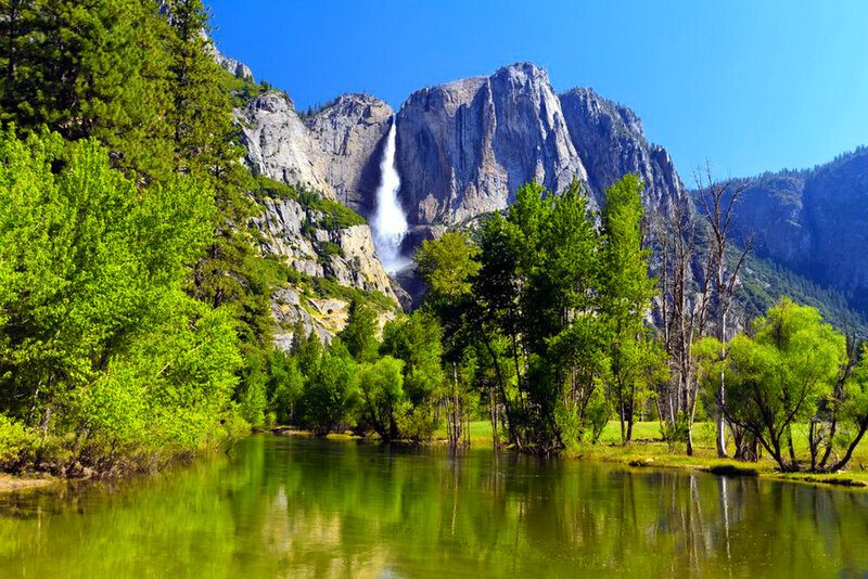 Yosemite Falls Waterfall — Green, Serene, Afternoon, Photograph, Mountain, River, Trees