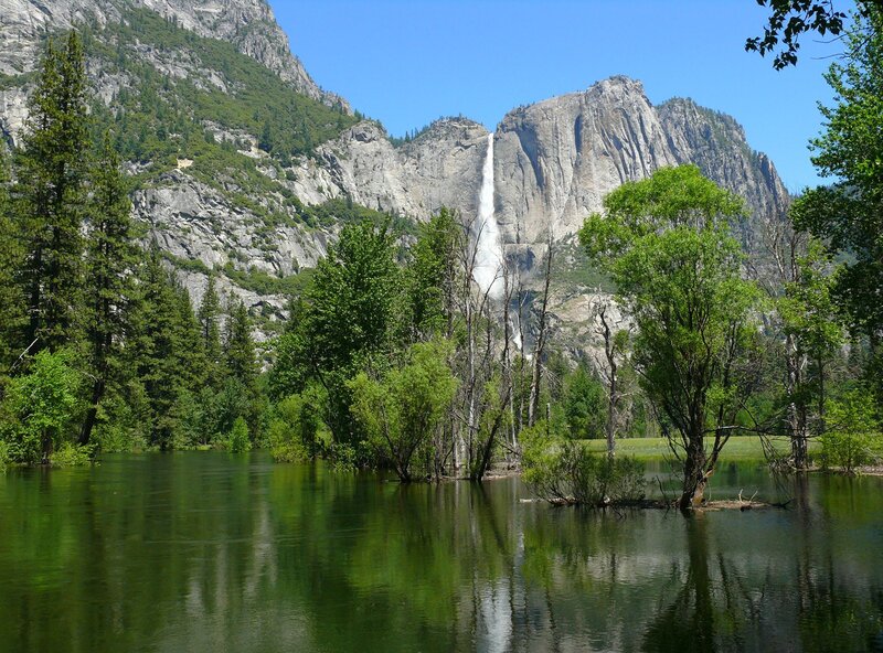 Yosemite Falls Waterfall — Green, Serene, Afternoon, Photograph, Mountain