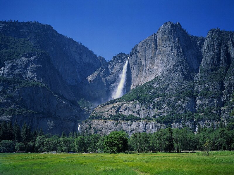 Yosemite Falls Waterfall — Green, Serene, Afternoon, Photograph, Mountains, Forest