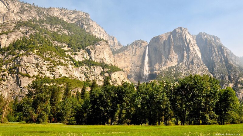 Yosemite Falls Waterfall — Green, Serene, Afternoon, Photograph, Mountains, Trees, Meadow