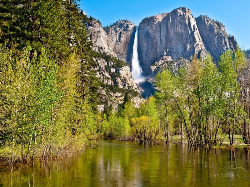 Yosemite Falls Waterfall — Green, Serene, Spring, Photograph