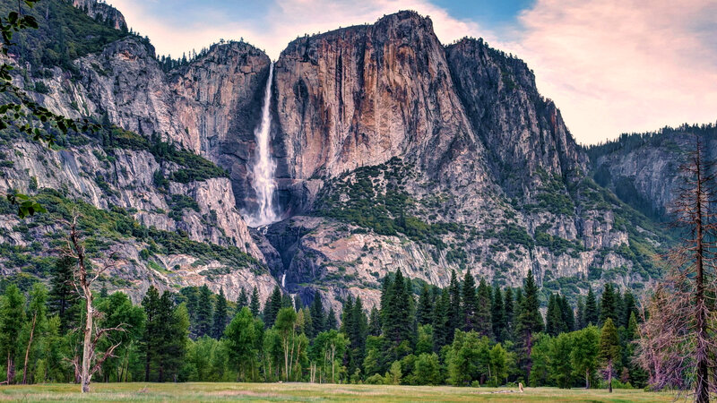 Yosemite Falls Waterfall — Green, Serene, Sunset
