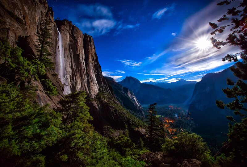 Yosemite moonlit waterfall