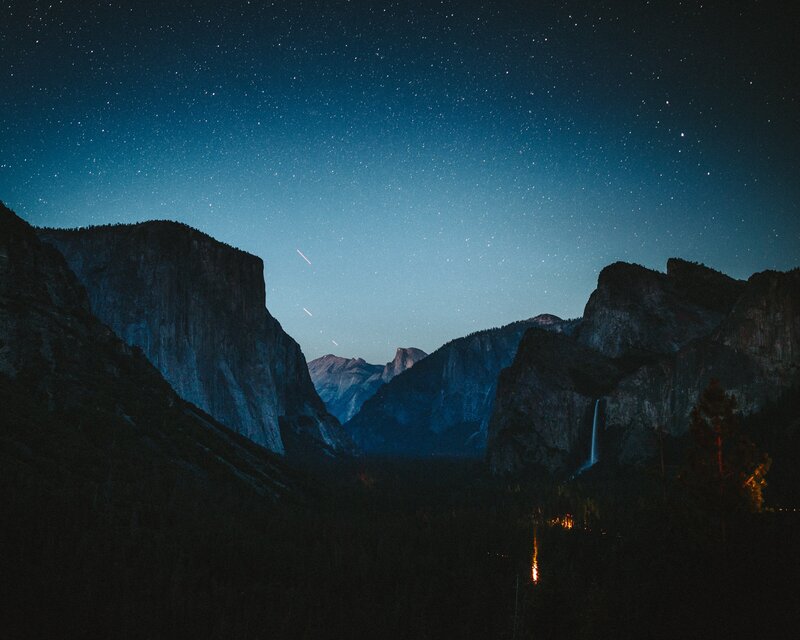 Yosemite Valley at Night — Blue, Serene, Photograph, Mountains, Stars