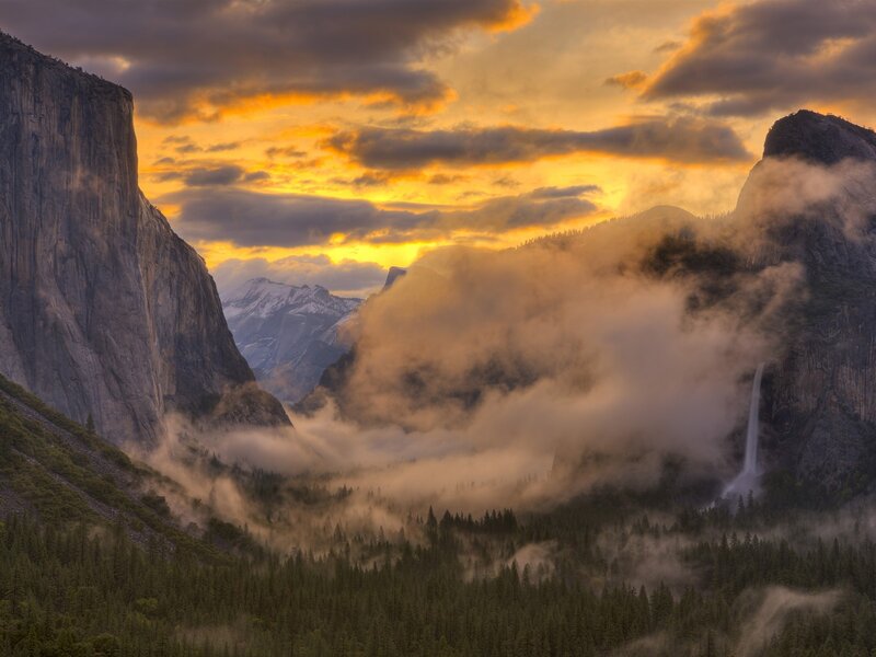 Yosemite Valley at Sunrise — Orange, Dramatic, Photograph
