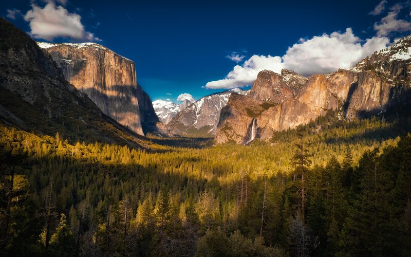 Yosemite Valley Landscape — Blue, Dramatic, Afternoon, Photograph, Mountains, Forest, Waterfall, Clouds