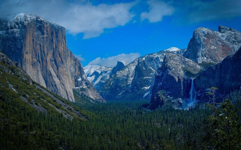 Yosemite Valley Landscape — Blue, Dramatic, Afternoon, Photograph, Mountains, Forest, Waterfall, Snow