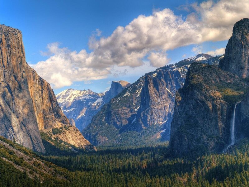 Yosemite Valley Landscape — Blue, Serene, Afternoon, Photograph, Mountains, Forest, Waterfall, Clouds, Green, Brown