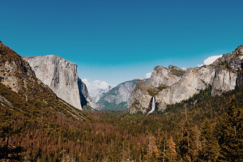 Yosemite Valley Landscape — Blue, Serene, Afternoon, Photograph, Mountains, Forest, Waterfall, Sky