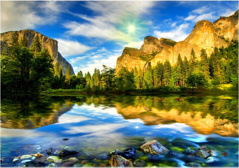 Yosemite Valley Landscape — Blue, Serene, Afternoon, Photograph, Mountains, River, Trees