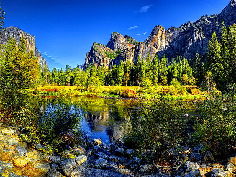 Yosemite Valley Landscape — Blue, Serene, Afternoon, Photograph, River, Mountains