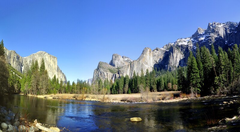 Yosemite Valley Landscape — Blue, Serene, Afternoon, Photograph, River, Mountains, Trees