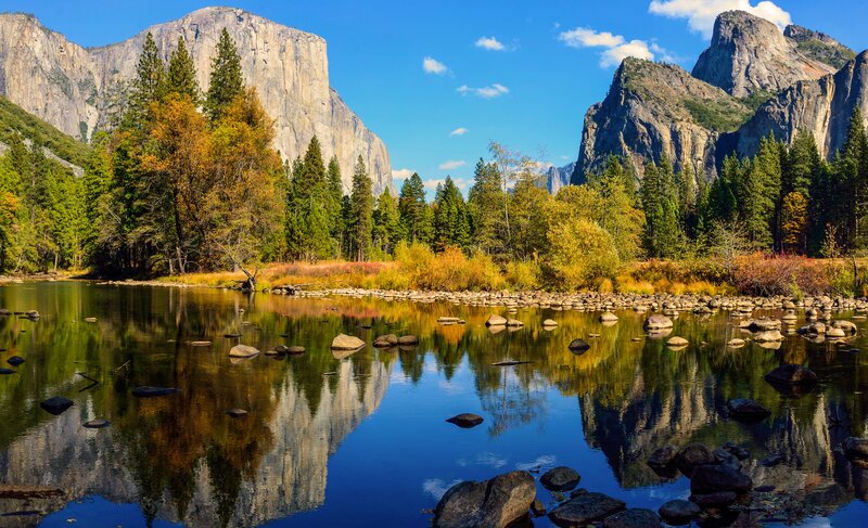 Yosemite Valley Landscape — Blue, Serene, Autumn, Photograph, Mountains, River, Trees
