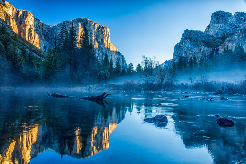 Yosemite Valley Landscape — Blue, Serene, Morning, Photograph, Mountains, River