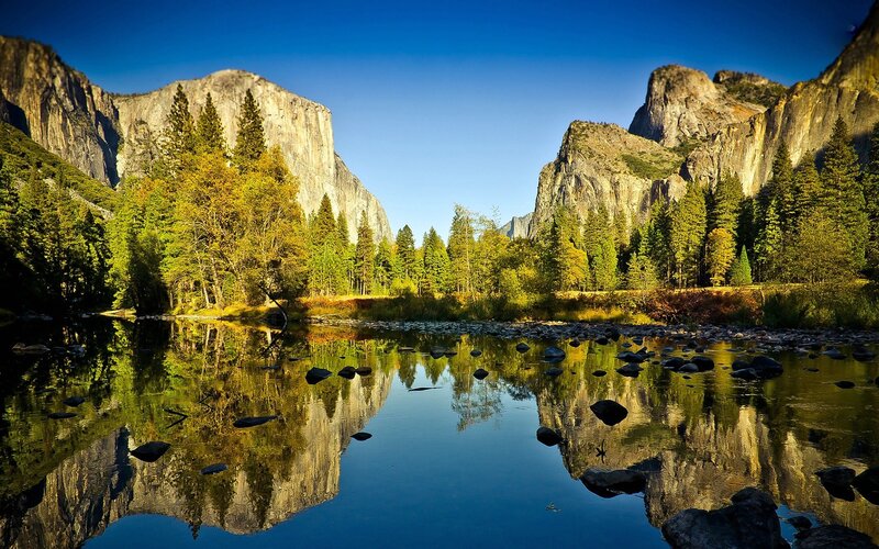 Yosemite Valley Landscape — Blue, Serene, Morning, Photograph, Mountains, River, Trees